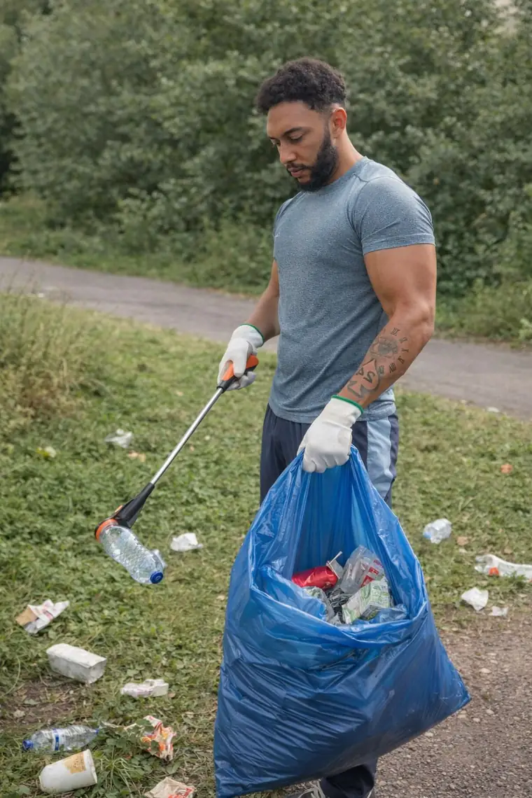 The founder of Litter Me Removals out litter-picking, wearing gloves and holding a bag